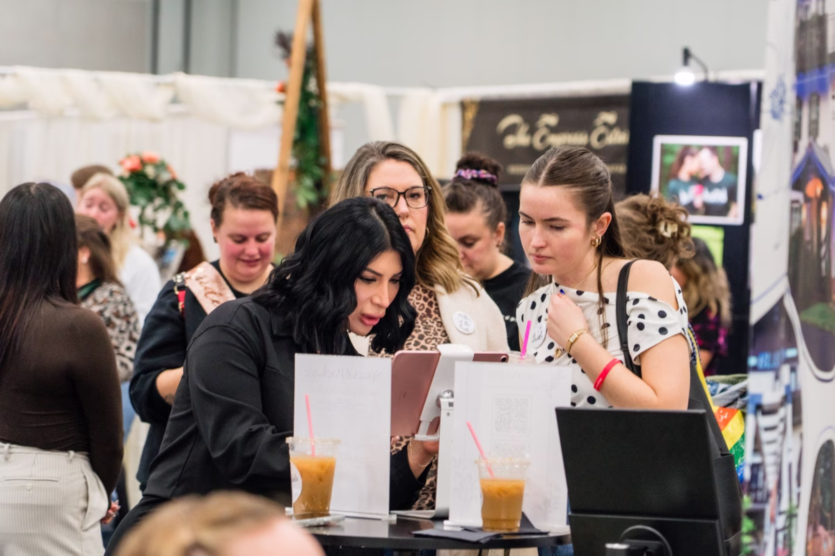 salem wedding show bridal expo vendor booths october 2026 - October 2026 Brides browsing vendor booths at the Salem Wedding Show bridal expo featuring local Oregon wedding vendors and planners